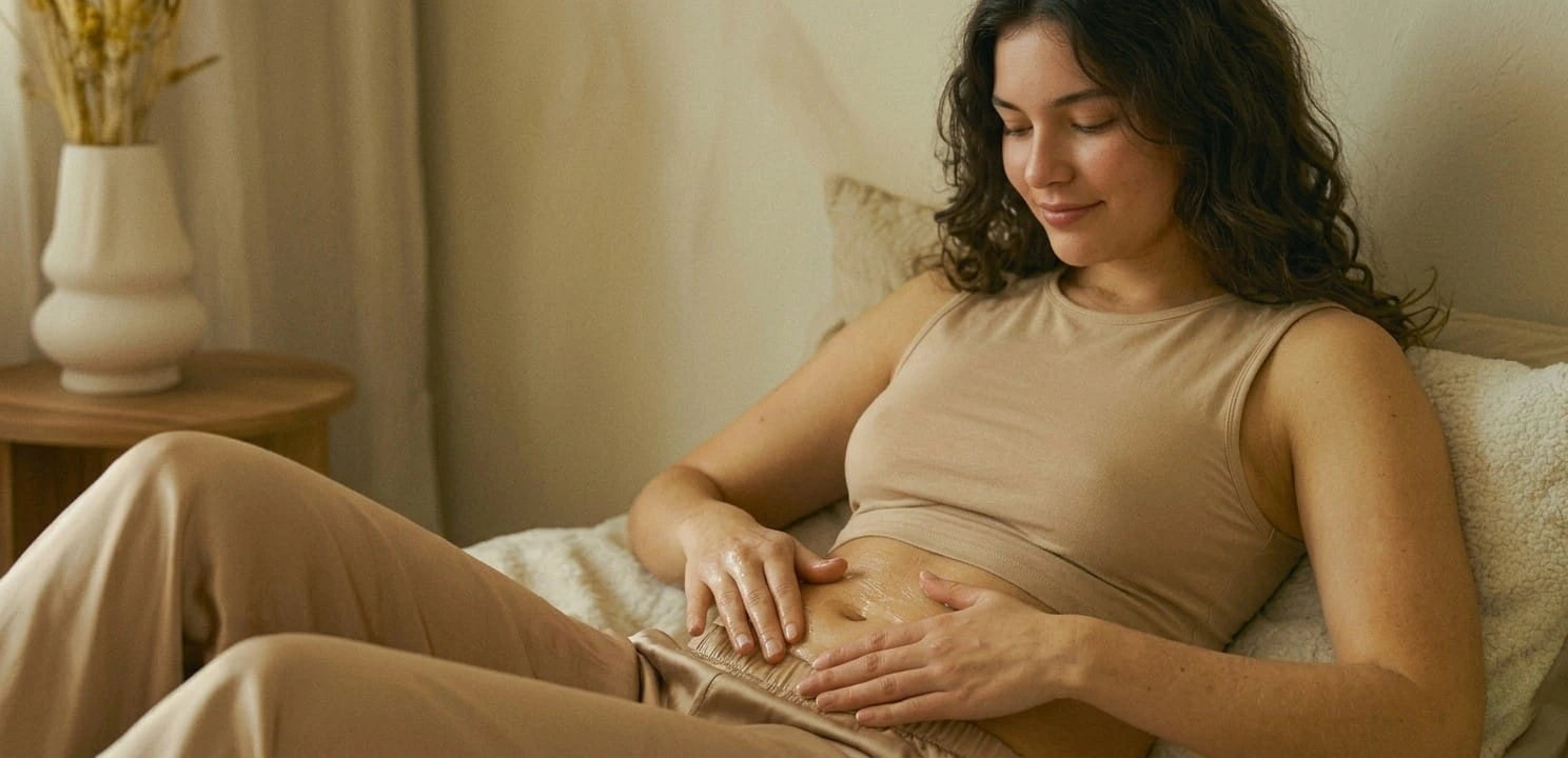 Frau Liegend Periodenbalsam Lovetann einmassieren wohltuend geniessen